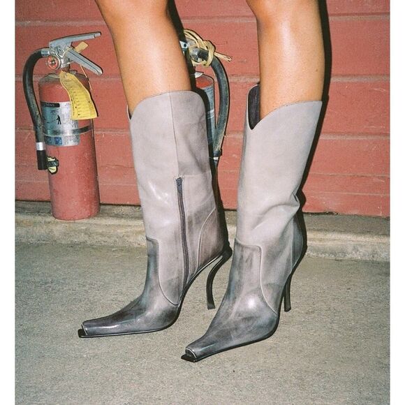 Jeffrey Campbell Shoes - Jeffrey Campbell Dulcimer Gray Pewter Leather Mid-Calf Sculpted Heel Boots 9.5